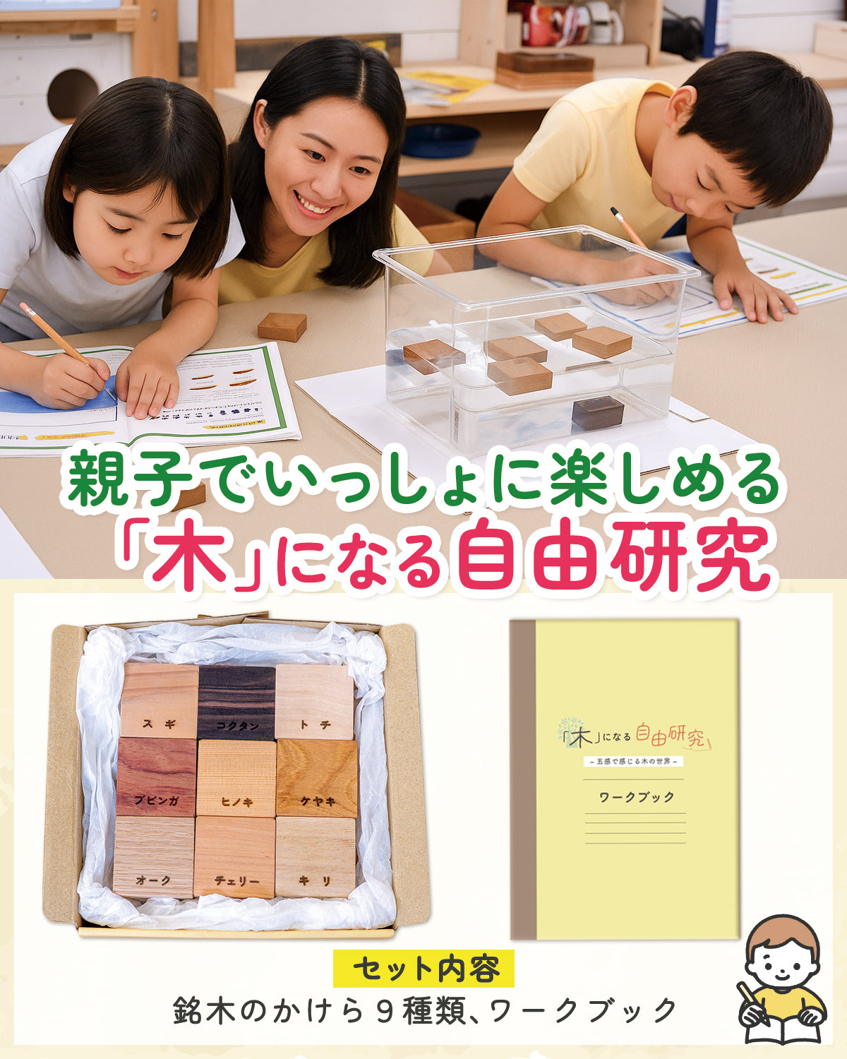 「木」になる自由研究キット | 銘木ブロック9種・書込式ワークブック入