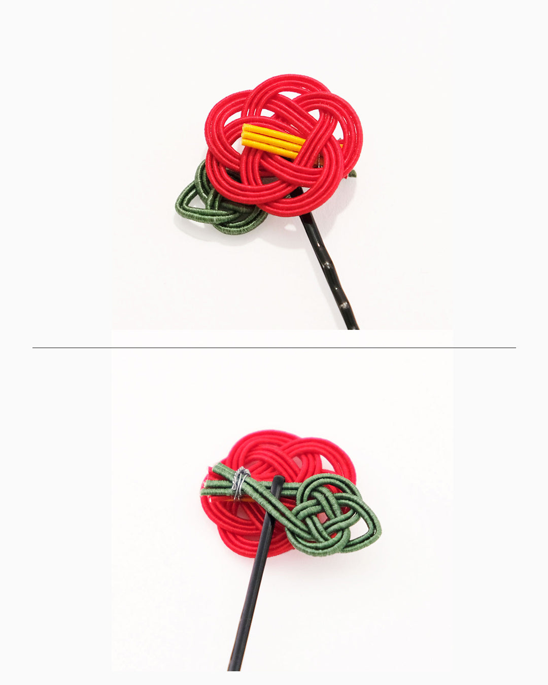 美濃焼花瓶に飾る 椿のヘアピンとい草のお飾り