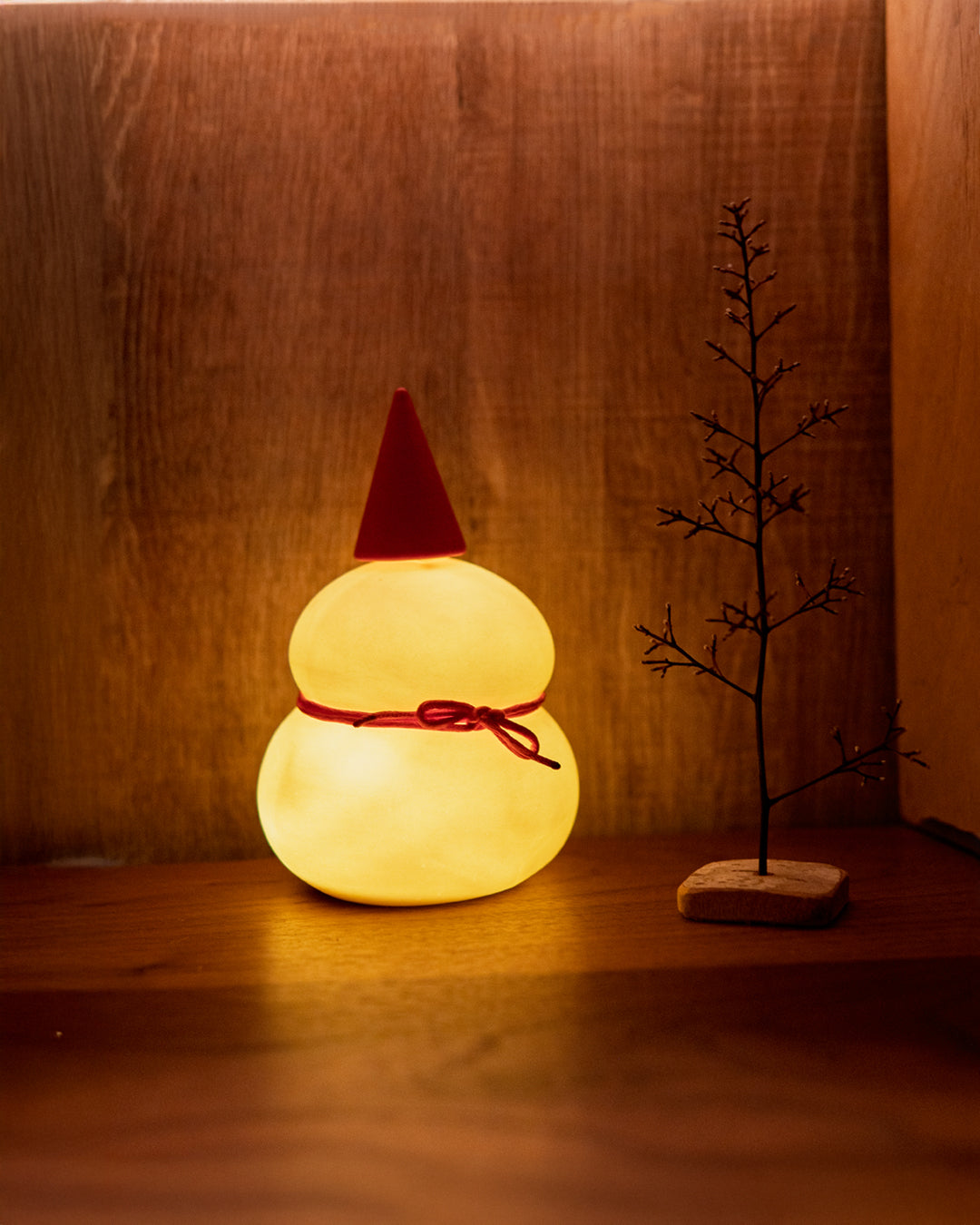 雪だるま/鏡もち 2WAY ライト付半磁器オブジェ