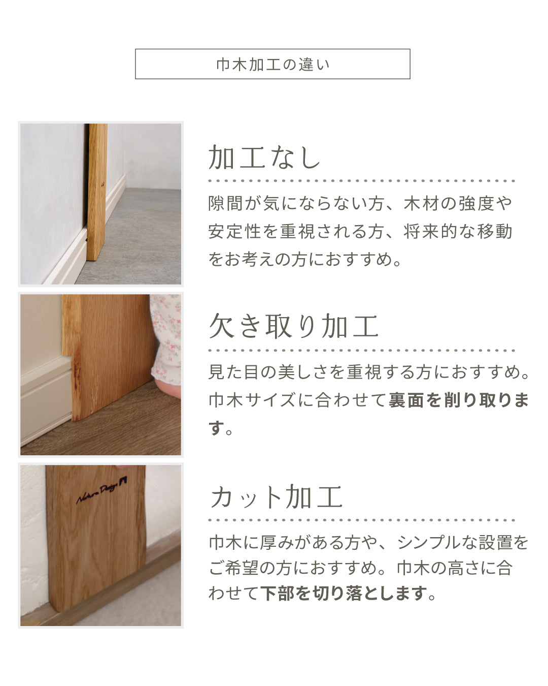 森の身長計の巾木加工の違いについての説明